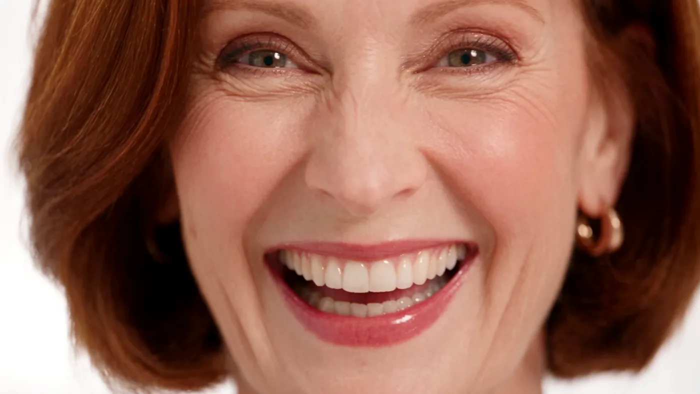 Portrait d'un mannequin IA souriant, 60+